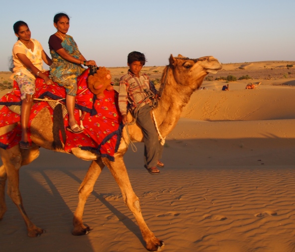 random people riding a camel