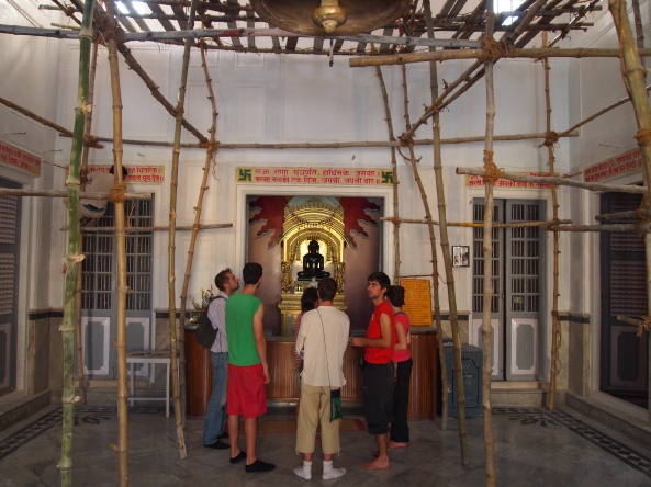 bamboo scaffolding inside the Jain temple for painting