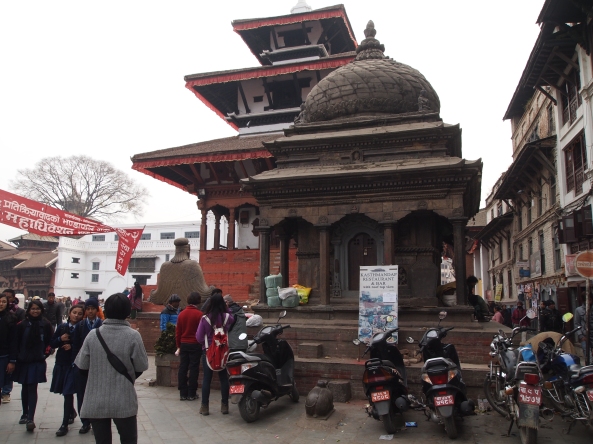 Trailokya Mohan Narayan Temple stands behind the domed pavilion in Durbar Square