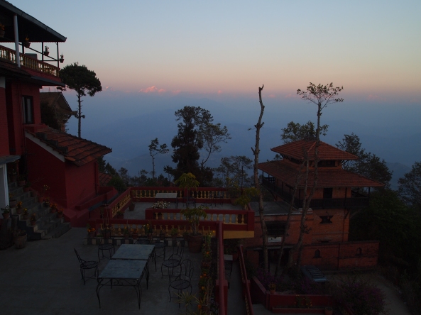 Looking out over the hotel grounds to the Himalayas